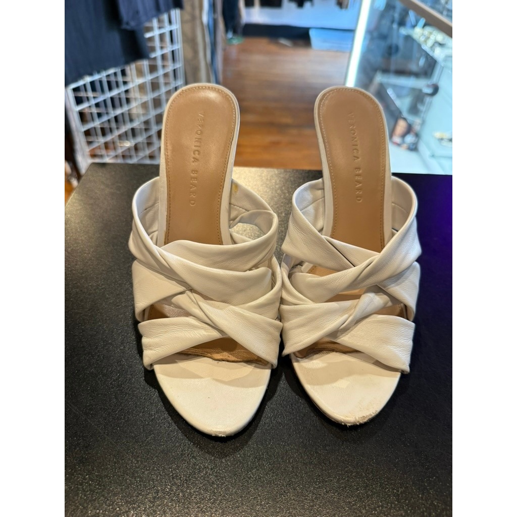 Veronica Beard White Leather Twisted Knot Mule Heels Open Toe Sandals Size 8m